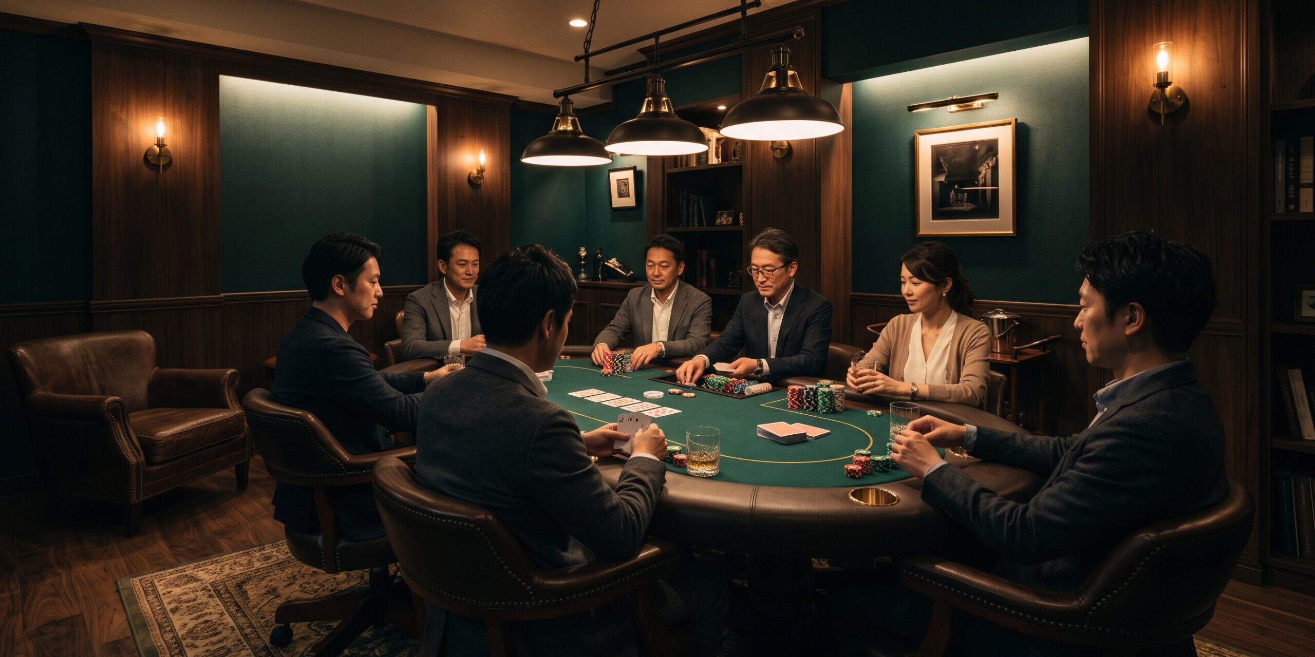 private-salon-adults-playing-poker 重厚な個室サロンにて、ポーカーを楽しむ男女