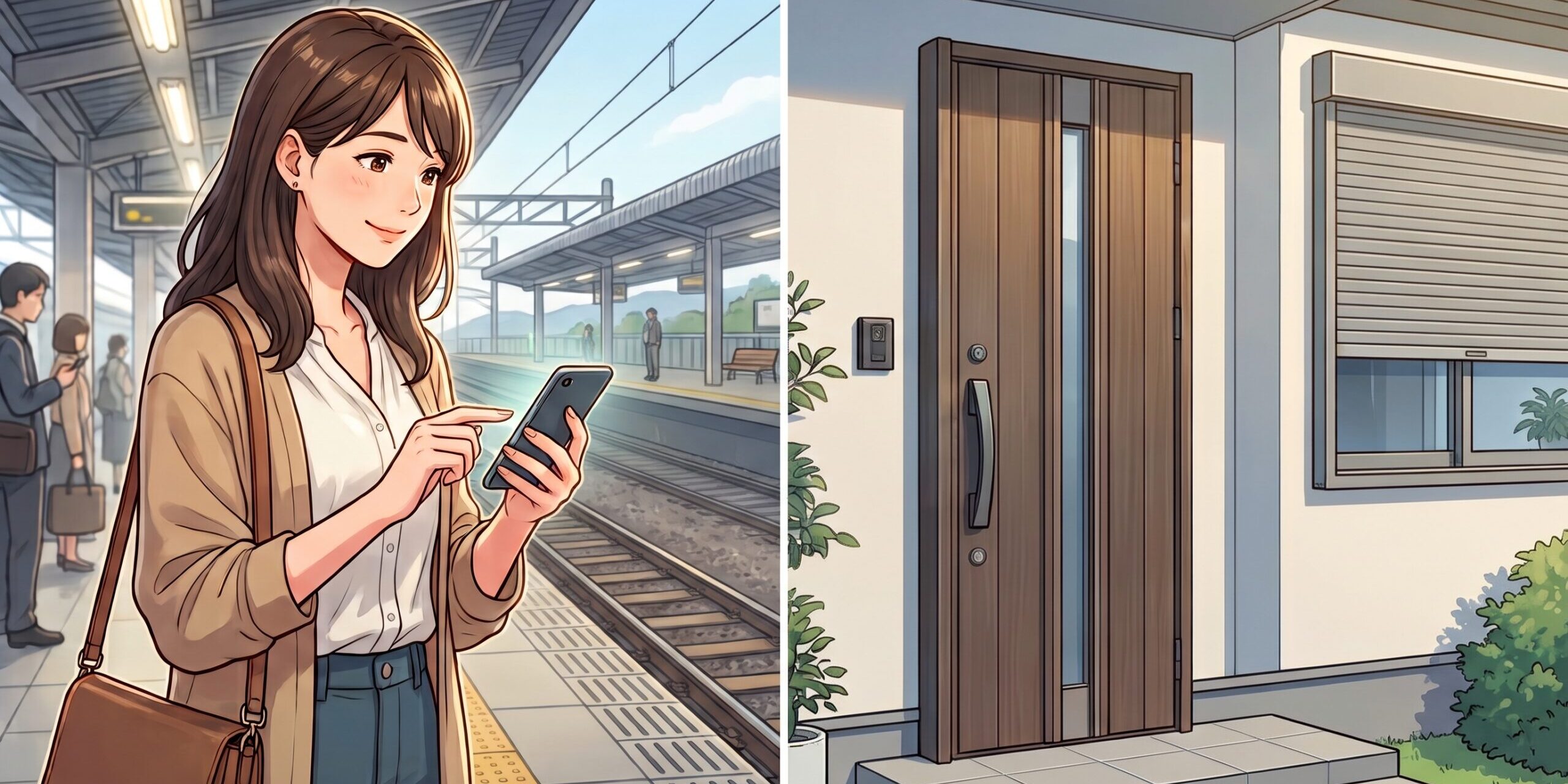 woman-using-smartphone-and-smart-lock-door スマートロックが設置された住宅の玄関ドアをスマホで操作する女性