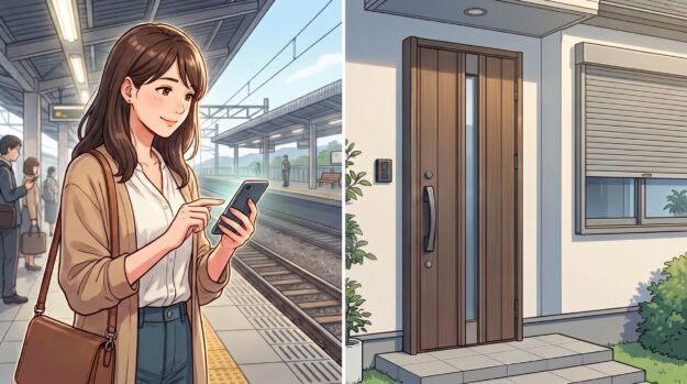 スマートロックが設置された住宅の玄関ドアをスマホで操作する女性