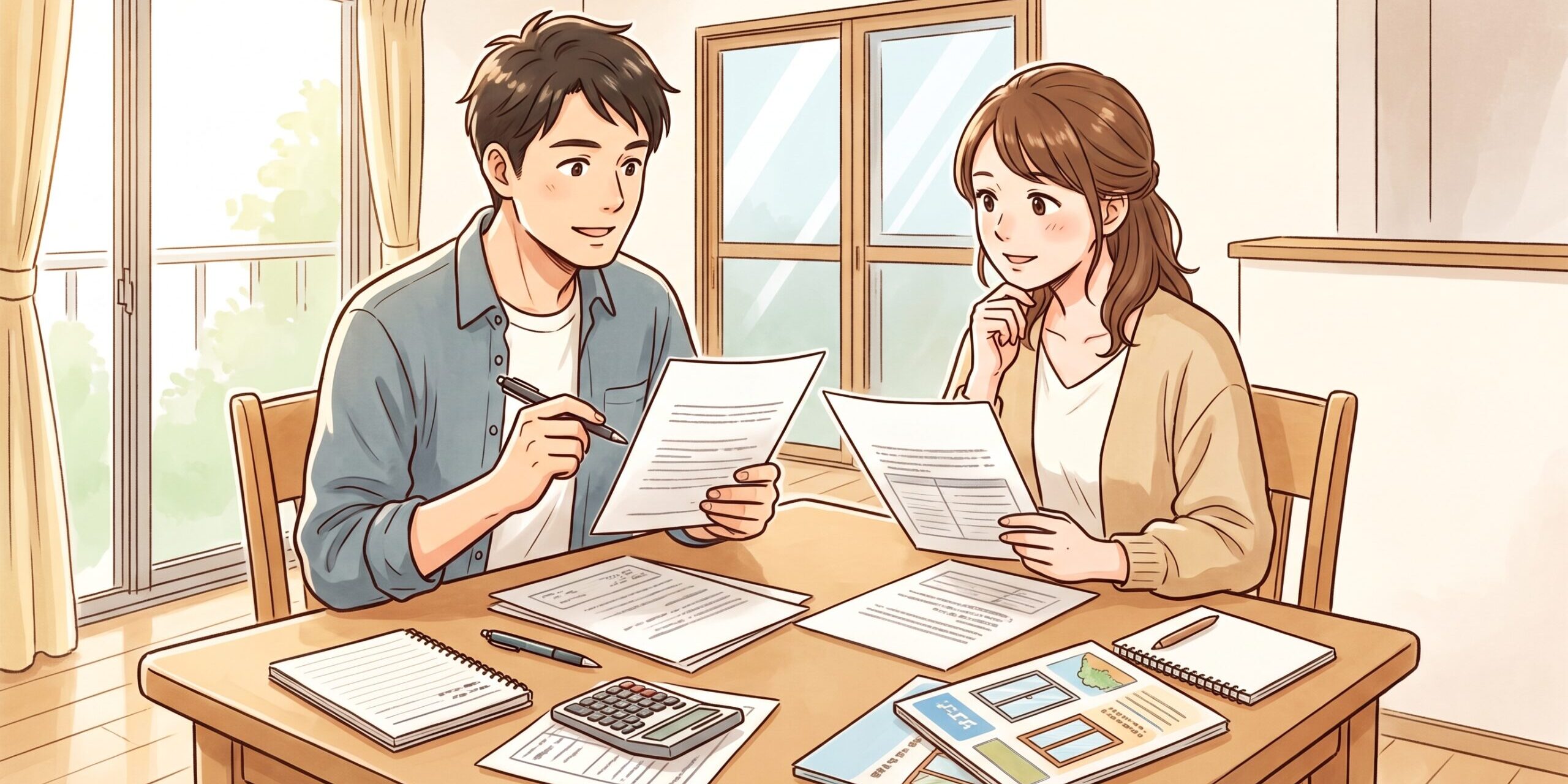 couple-checking-window-renovation-estimates 見積書やカタログを広げ、費用を相談する夫婦