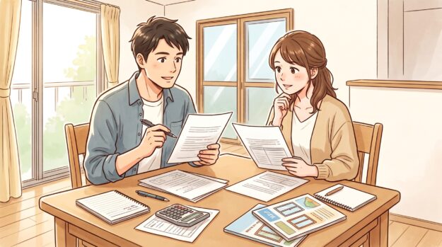 見積書やカタログを広げ、費用を相談する夫婦