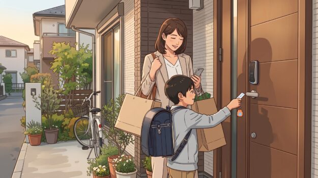 自宅玄関のスマートロックにカードキーをかざして開閉をする