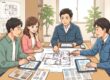 電気配線図を見ながら施工業者とコンセント位置の打ち合わせをする夫婦