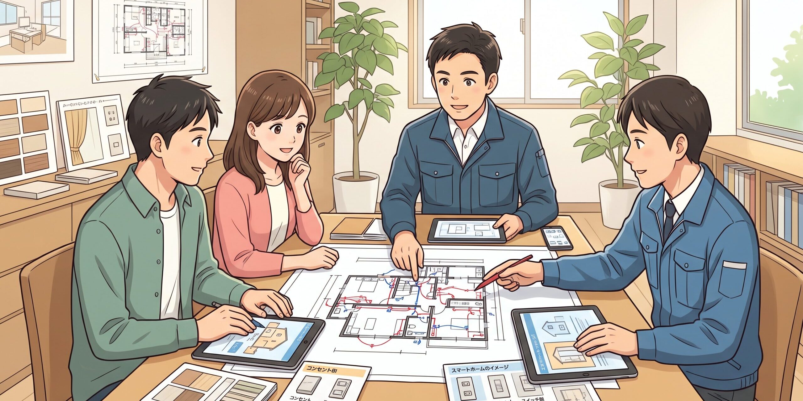 home-electrical-wiring-plan 電気配線図を見ながら施工業者とコンセント位置の打ち合わせをする夫婦
