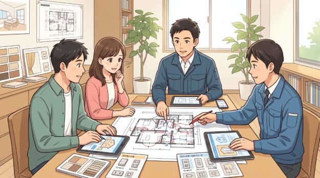 電気配線図を見ながら施工業者とコンセント位置の打ち合わせをする夫婦