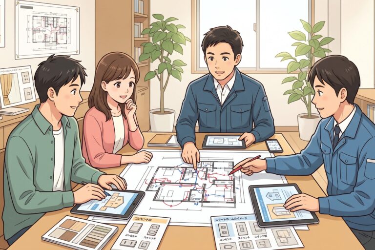 電気配線図を見ながら施工業者とコンセント位置の打ち合わせをする夫婦
